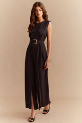 "Chiffon Round Neck Belted Sleeveless Wide Leg Jumpsuit"