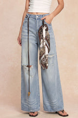 "Denim High Waist Asymmetrical Belted Wide Leg Jeans"