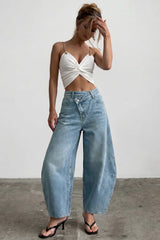 "Denim Asymmetrical Button Barrel Jeans"
