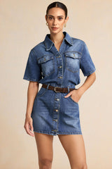 "Denim Button Pocket Belted Short Sleeve Mini Dress"