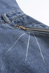 "Denim Backless Washed Zipper Halter Mini Dress"