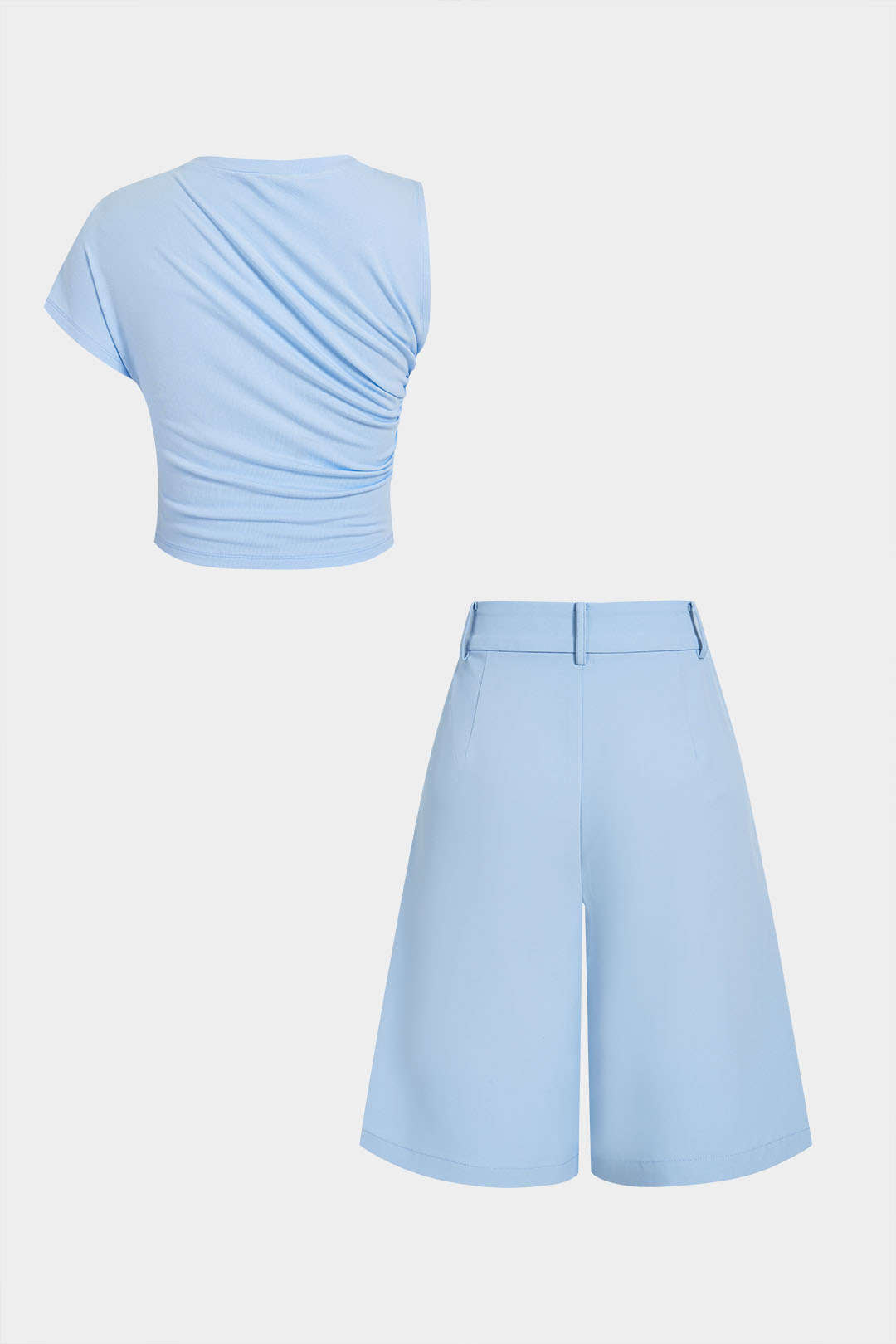 "Asymmetrical Ruched Top And Pleated Wide Leg Shorts Set"