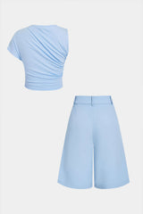 "Asymmetrical Ruched Top And Pleated Wide Leg Shorts Set"