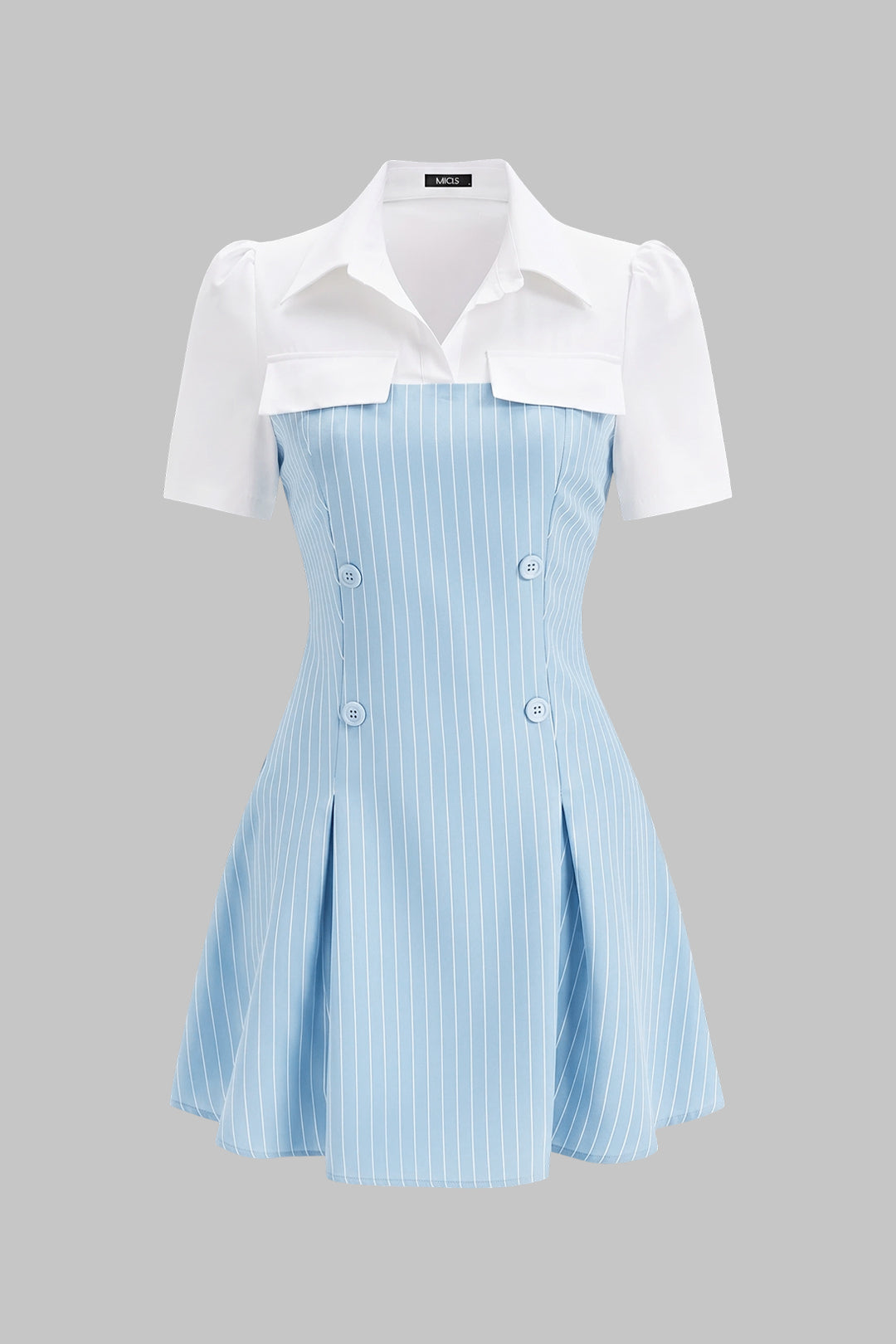 "Contrast Stripes Print Button Lapel Patchwork Short Sleeve Mini Dress"