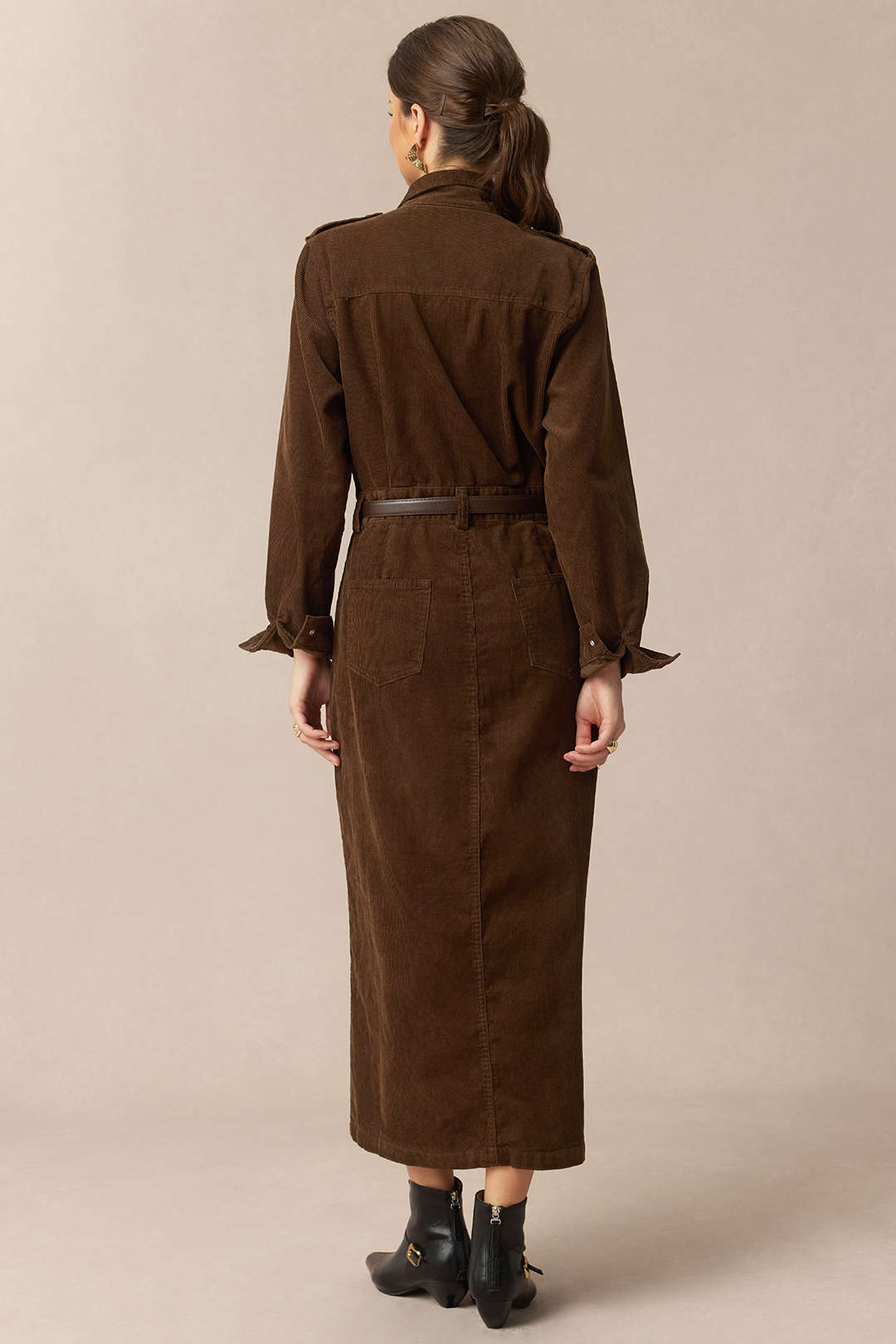 "Corduroy Notched Lapel Button Pocket Belted Long Sleeve Midi Dress"