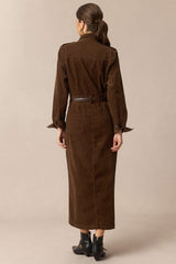 "Corduroy Notched Lapel Button Pocket Belted Long Sleeve Midi Dress"