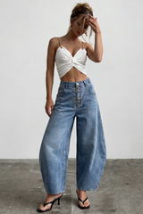 "Denim Metallic Buckle Wide Leg Jeans"