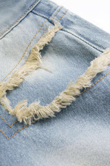 "Denim Contrast Frayed Button Shorts"