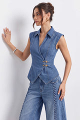 "Denim Lapel V-Neck Wrap Buckle Vest"