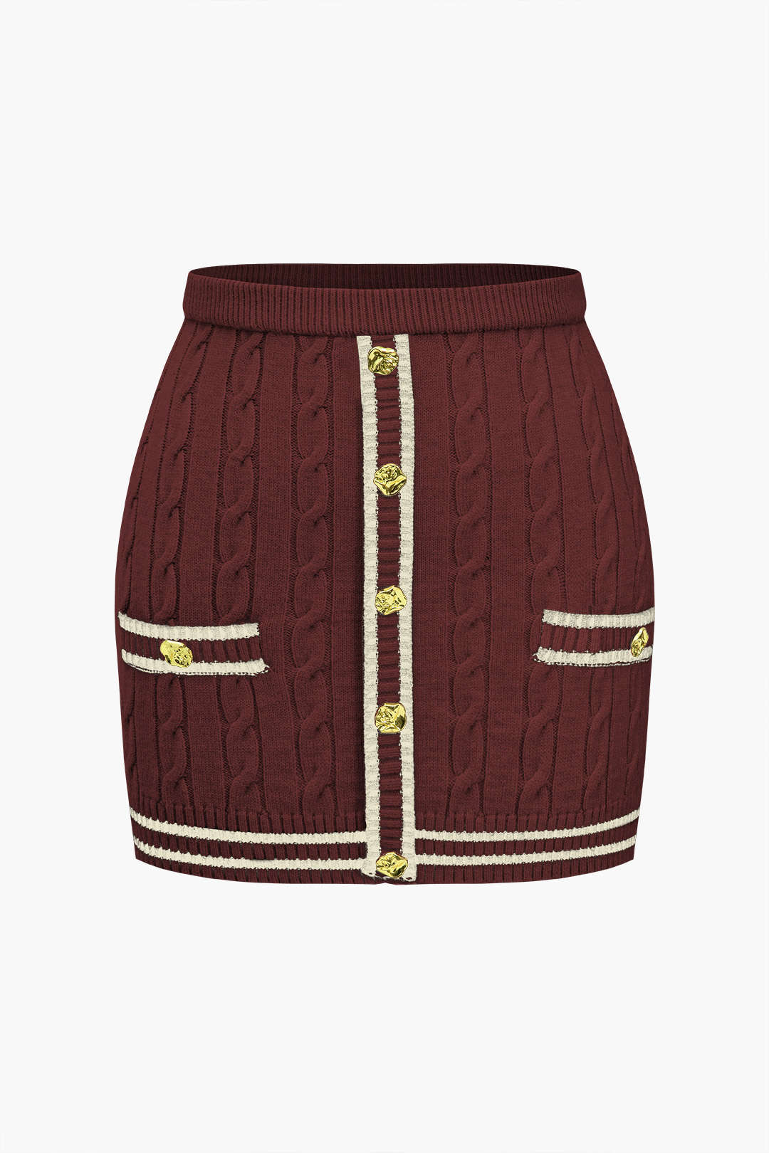 "Color Block Print Knit Button Skirt"