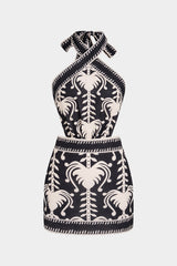 "Coconut Palm Print Linen Crossed Tie-Up Sleeveless Mini Dress"
