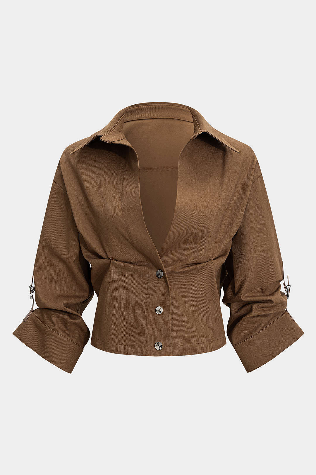 "Button Ruched Short-Sleeve Shirt"