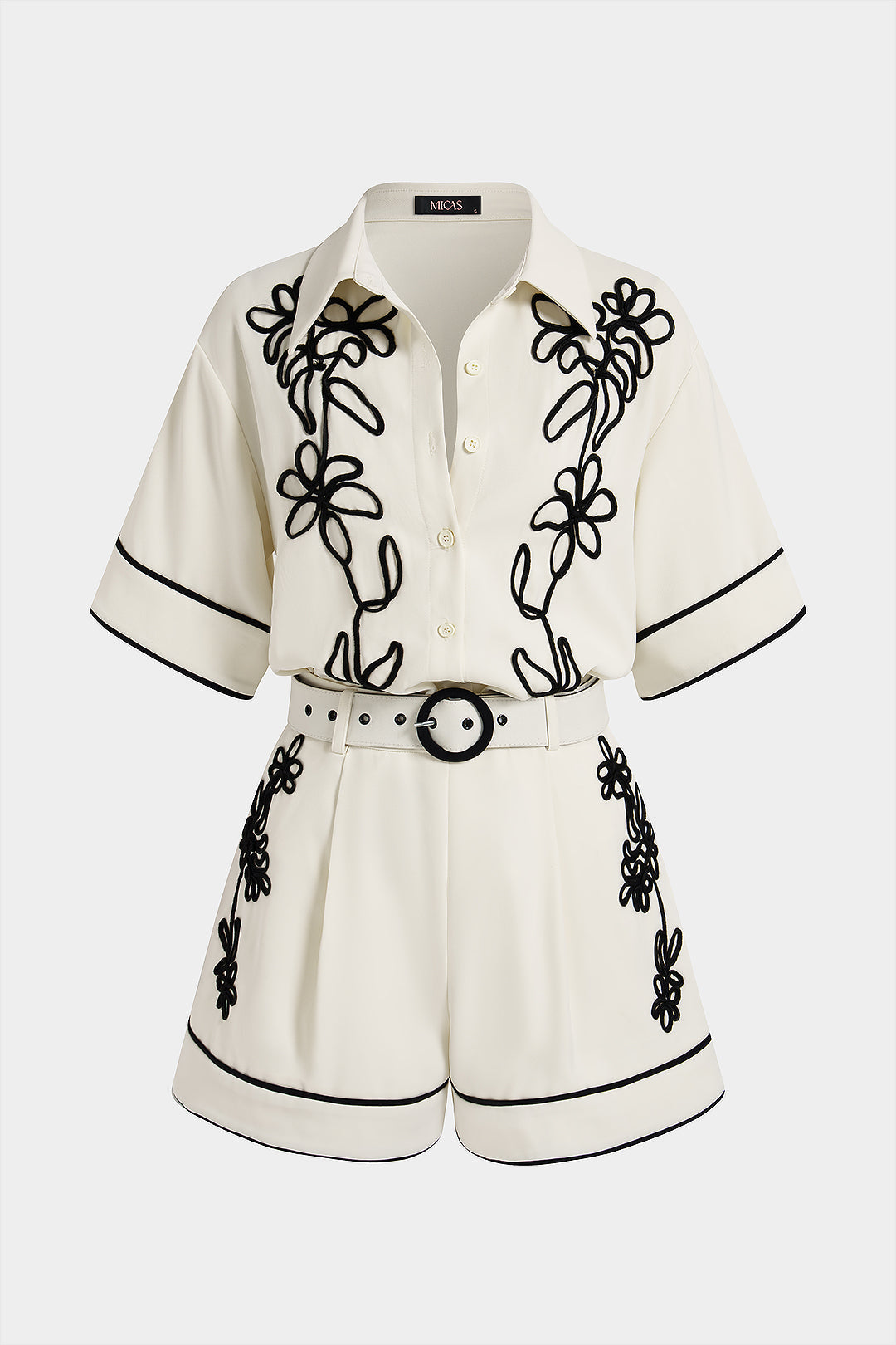 "Contrast Flower Applique Short Sleeve Shirt And Belted Shorts Set"
