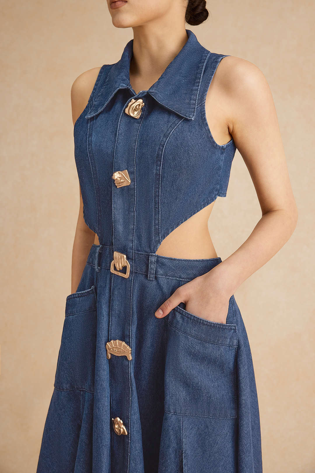 "Denim Button Cut Out Midi Dress"