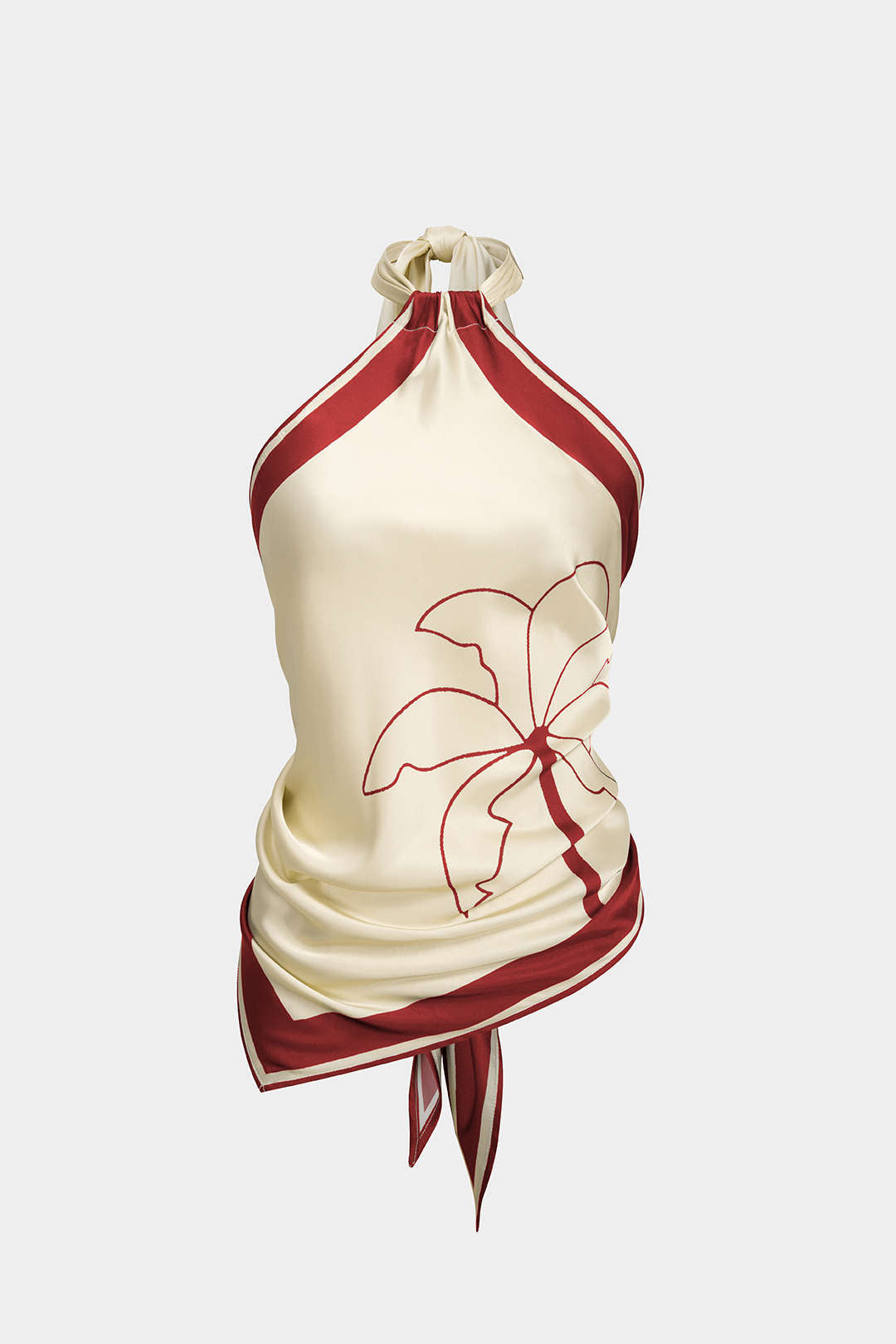 "Contrast Floral Print Satin Halter Neck Tie-Up Backless Tank Top"