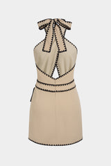 "Contrast Crossed Halter Neck Asymmetrical Cut Out Tie-Up Sleeveless Mini Dress"