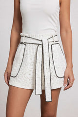 "Contrast Whipstitching Lace Tie-Up Wide Leg Shorts"