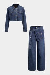 "Denim Button Long-Sleeve Top And High Waist Asymmetrical Jeans Set"