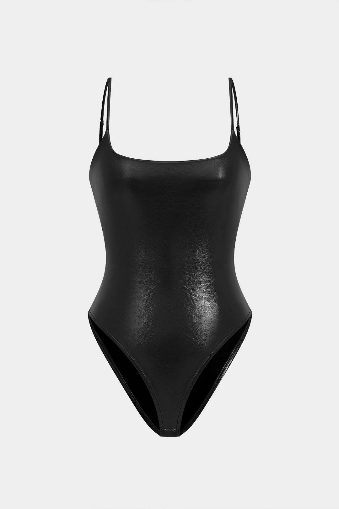 "Basic Solid Faux Leather Sleeveless Bodysuit"