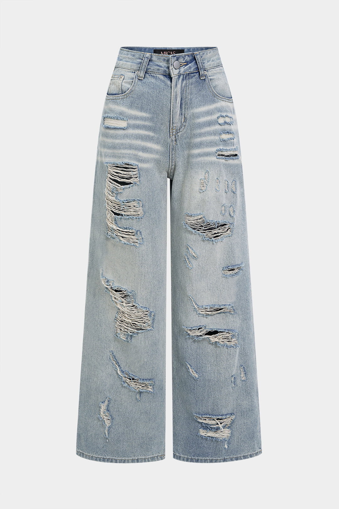 "Denim Asymmetrical Ripped High Waist Straight Leg Jeans"