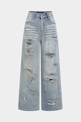 "Denim Asymmetrical Ripped High Waist Straight Leg Jeans"