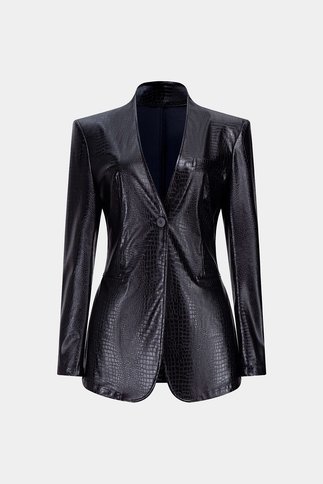 "Crocodile Print Faux Leather V-Neck Pocket Jakcet"