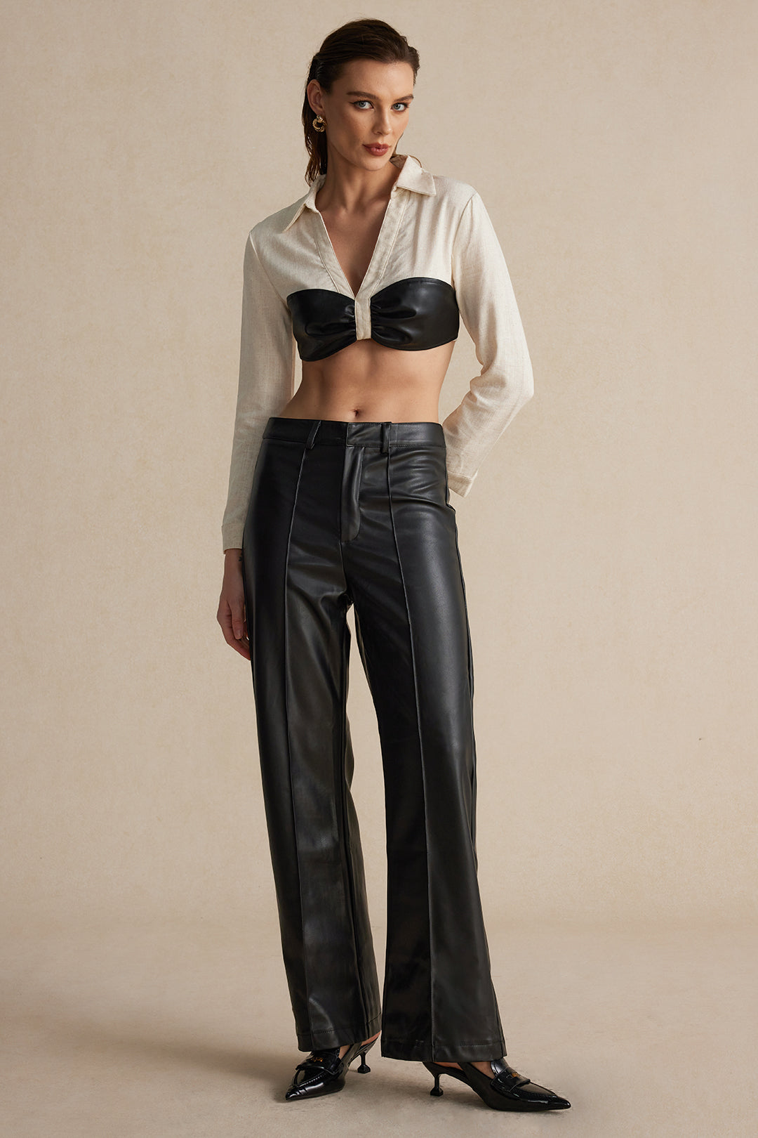 "Color Block Faux Leather Linen Ruched Long-Sleeve Shirt"