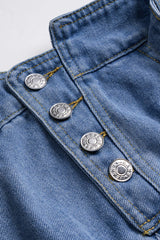 "Denim Mesh Patchwork Belted Button Pocket Skirt"