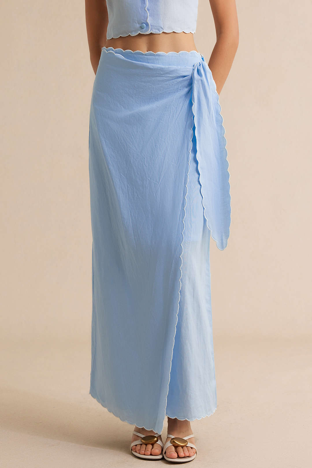 "Contrast Whipstitching Linen Tie Front Wrap Skirt"