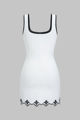 "Contrast Embroidery Pearls Sleeveless Mini Dress"