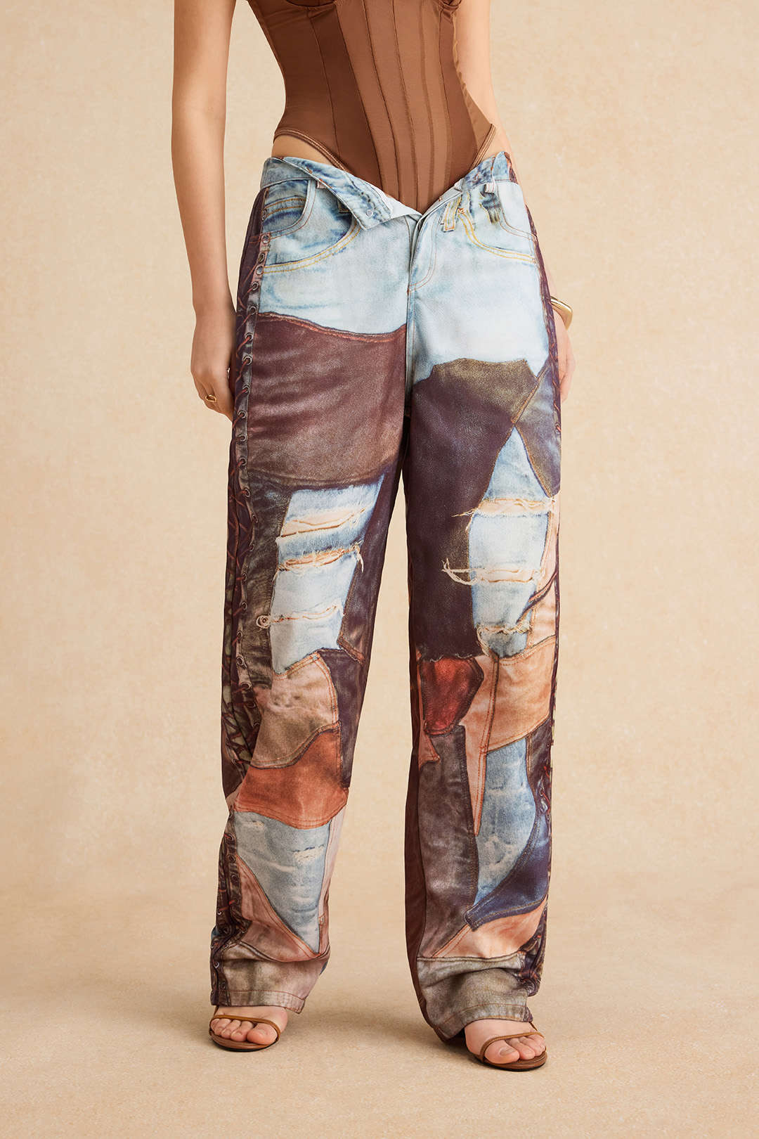 "Color Block Button Wide Leg Trousers"