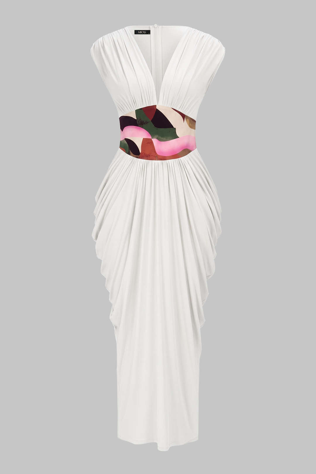 "Abstract Print V-Neck Ruched Zipper Sleeveless Maxi Dress"
