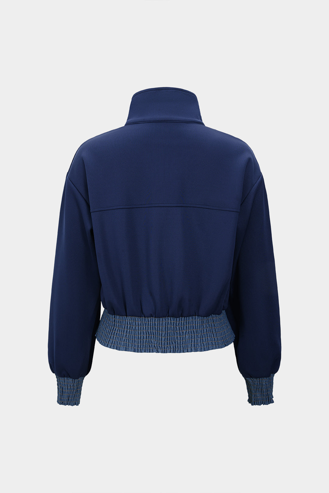 "Contrast Print Denim Patchwork Smocked Zipper Jacket"
