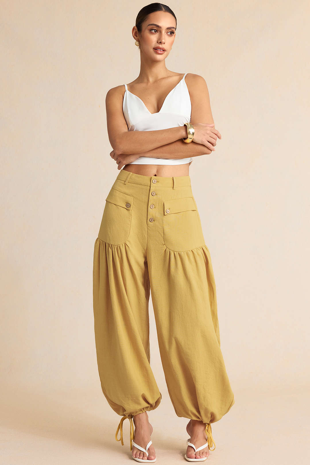 "Button Pocket Tie-Up Pants"