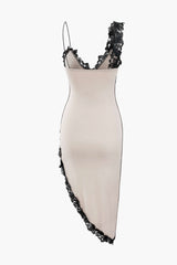 "Asymmetric Lace Panel Midi Dress"