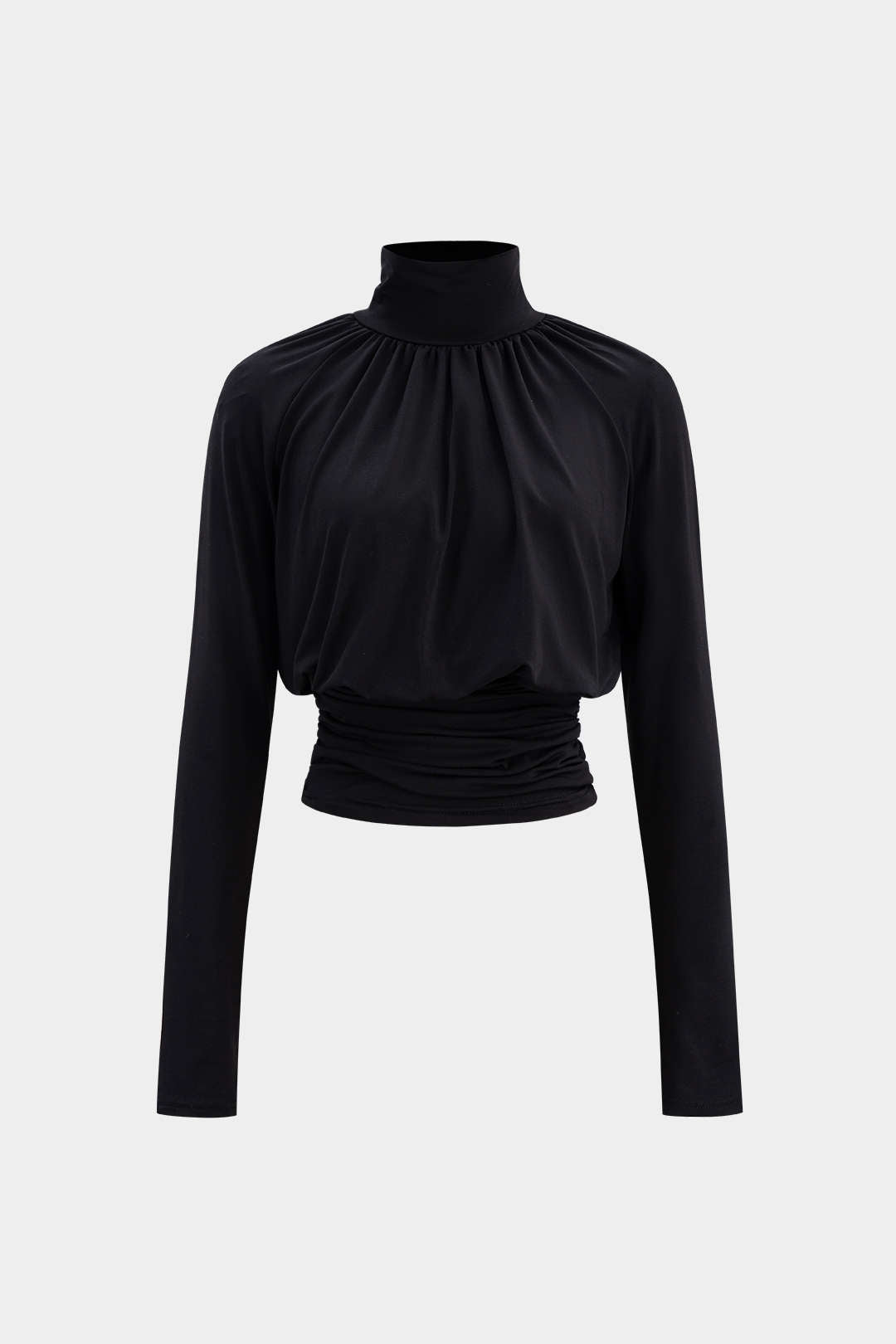 "Basic Faux Leather High Collar Wrinkled Long Sleeve T-Shirt"
