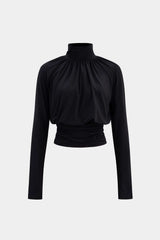 "Basic Faux Leather High Collar Wrinkled Long Sleeve T-Shirt"