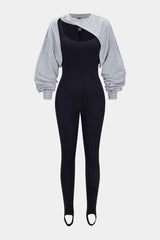 "Contrast Round Neck Asymmetrical Long Sleeve Jumpsuit"