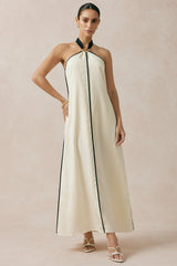 "Contrast Trim Linen Halter Neck Tie Back Metallic Sleeveless Maxi Dress"