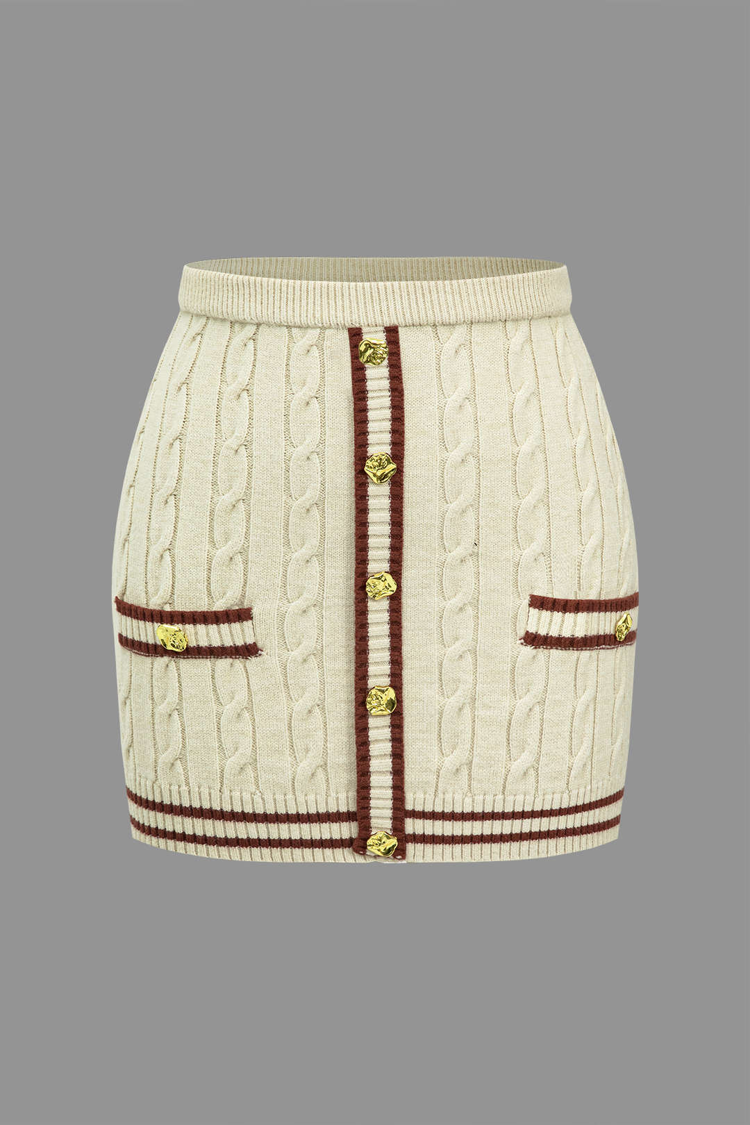 "Color Block Print Knit Button Skirt"