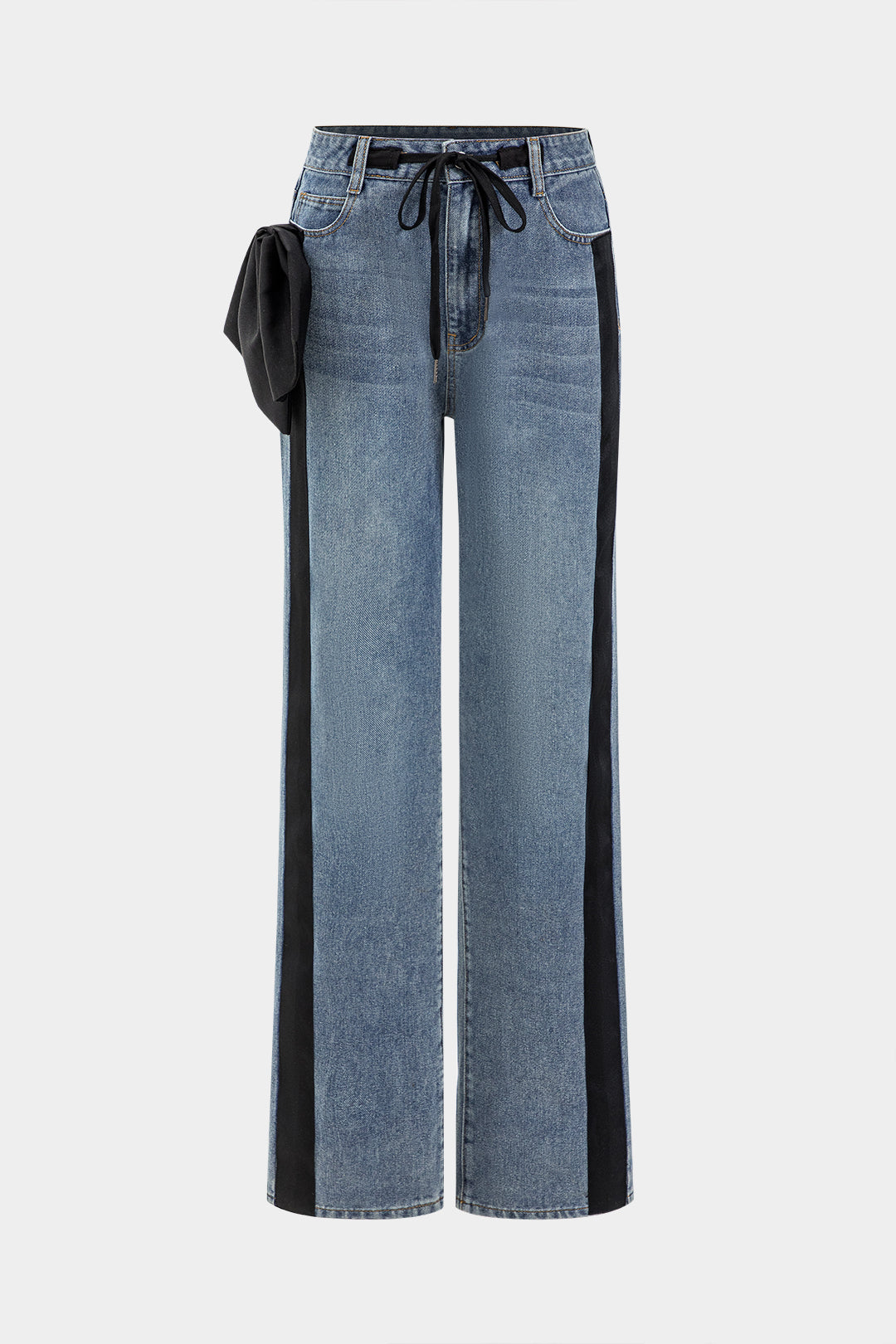 "Bow Tie Patchwork Pocket Straight Leg Jeans"