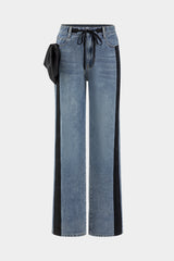 "Bow Tie Patchwork Pocket Straight Leg Jeans"