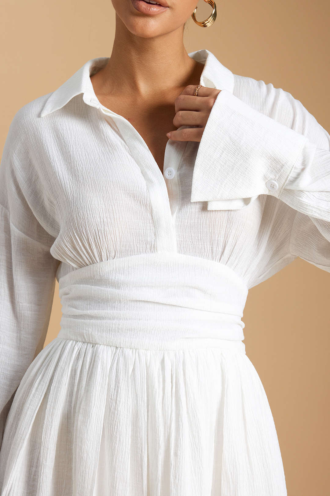 "Button Ruched Long Sleeve Mini Dress"
