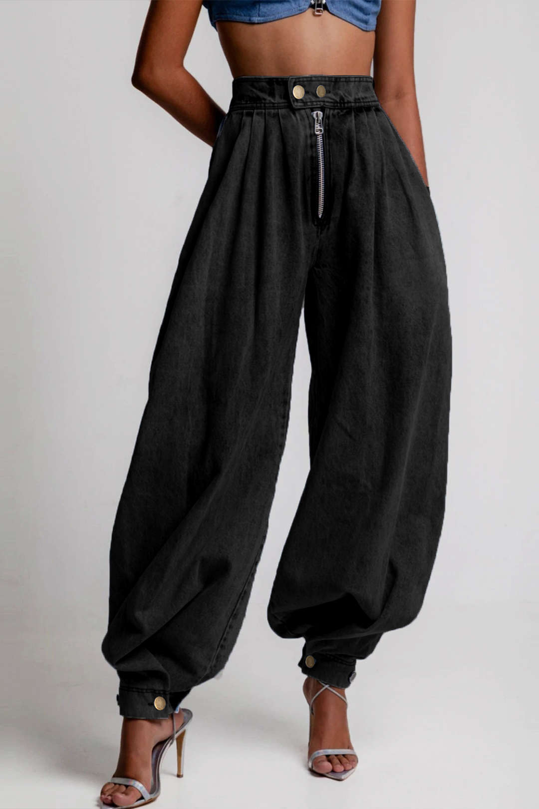 "Denim High Waist Zipper Barrel Balloon Jeans"