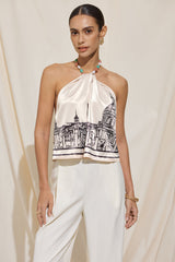 "Artistic Print Satin Halter Neck Backless Tie-Up Beaded Top"