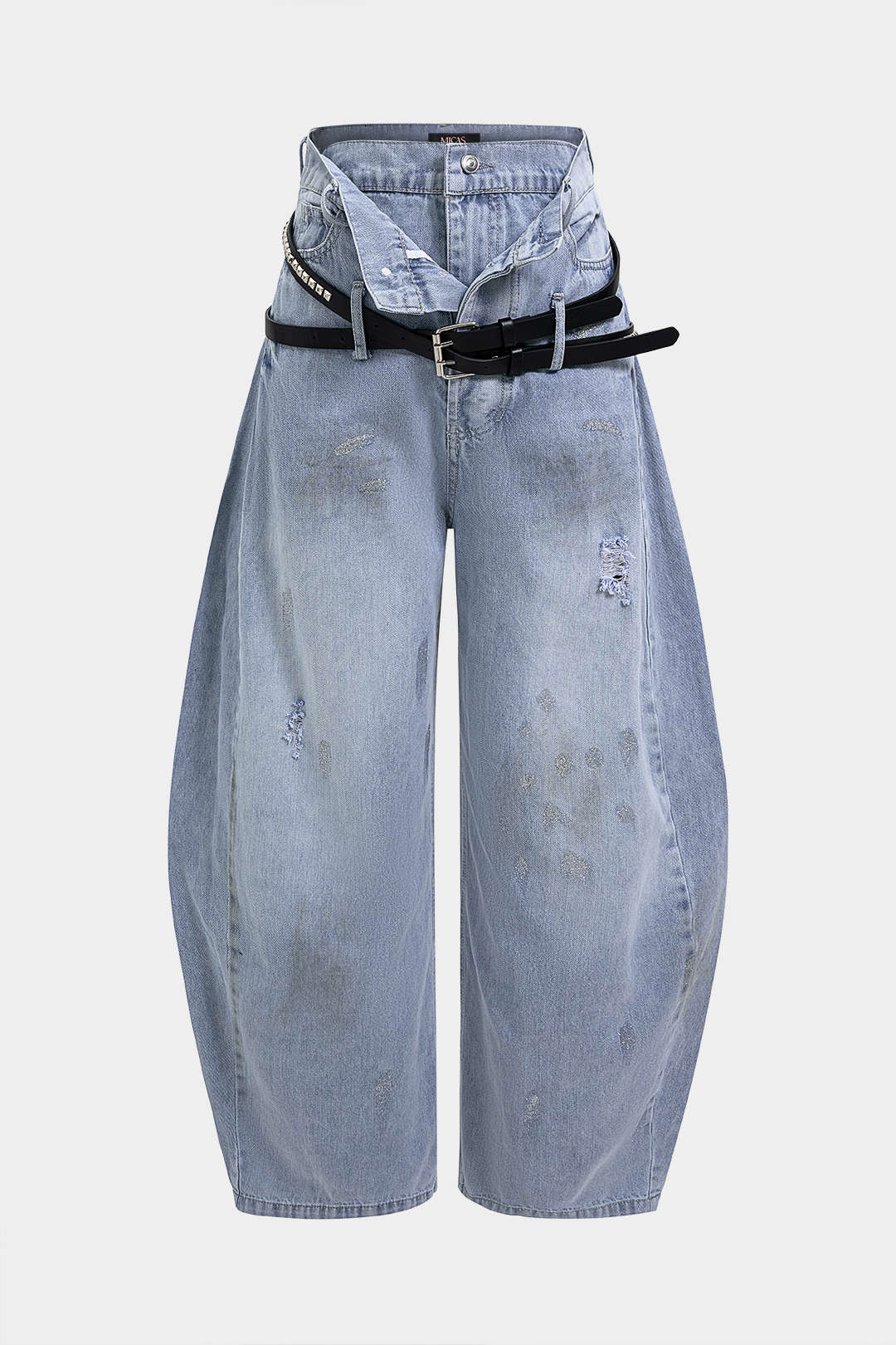"Denim Belted Frayed High Waist Zipper Wide Leg Jeans"