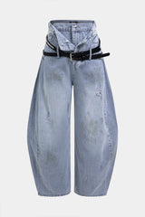 "Denim Belted Frayed High Waist Zipper Wide Leg Jeans"