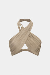 "Crossed Ruched Twist Knot Halter Sleeveless Top"