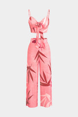 "Bamboo Leaf Print Knot Cami Top And Pants Set"