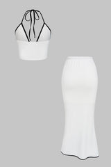 "Contrast Trim Cut-Out Halter Neck Tie-Up Top And Asymmetrical Ruched Skirt Set"